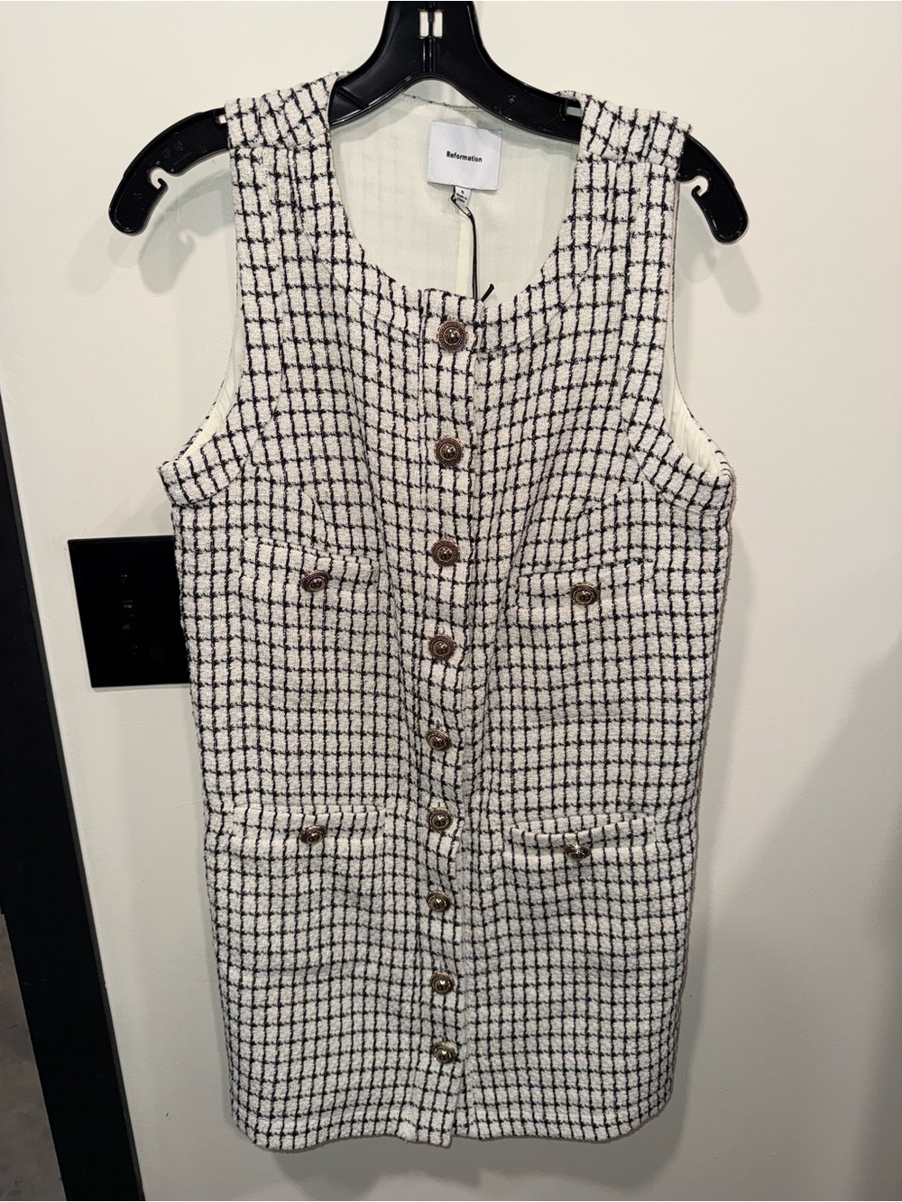 NWT Reformation Tropez Mini Dress Sz 6 cream black Check‎ Tweed - Picture 5 of 9
